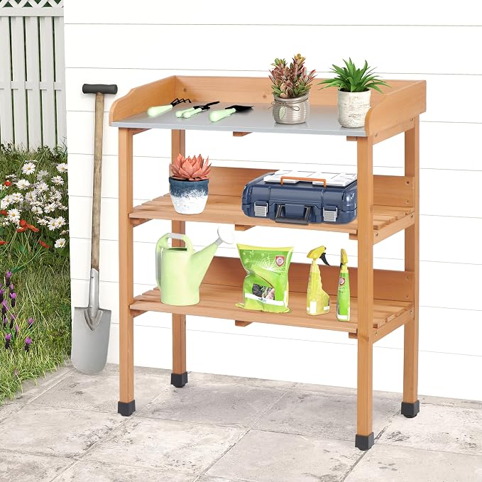 Outdoor Wooden Potting Bench Table, Garden Wood Workstation Planting Table with Metal Top, Storage Shelf, and 3 Hooks for Gardening, Light Brown