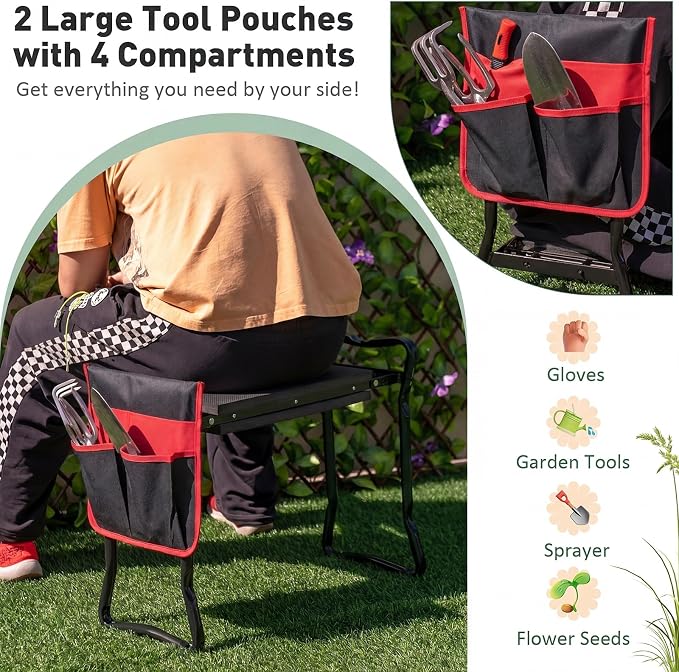 Giantex Garden Kneeler & Seat, Folding Gardening Stool, Portable Garden Bench with EVA Foam Pad, Heavy-Duty Metal Frame, Gardening Tool for Women Men Seniors, Holds 330 LBS, Black (with 1 Bags)