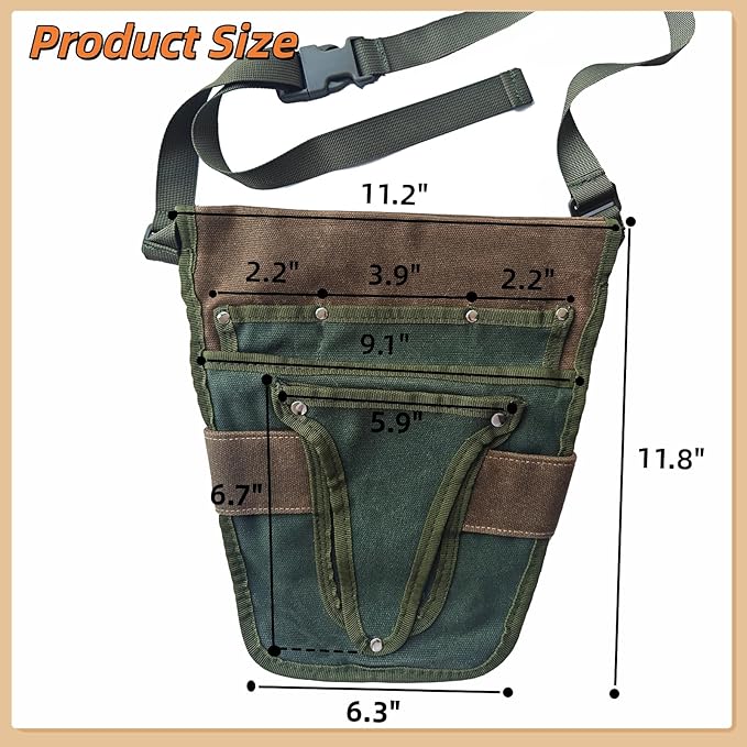 Gardening Tool Pouch for Waist, Hands-Free Canvas Tool Belt with 6 Pockets – Adjustable Waist Apron for Trowel, Pruner & Weeder (Gardening Tools NOT Included)-Green
