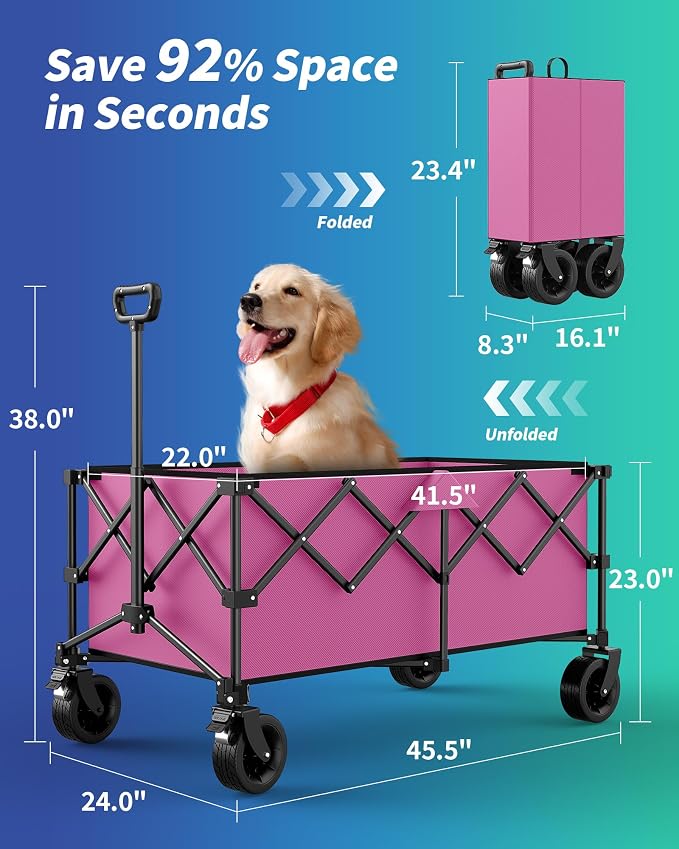45.5" L Kitsure Collapsible Wagon - Heavy Duty Foldable Wagon with 440lbs Capacity, Adjustable Handle, Shopping Cart with Wheels for Camping, Groceries, Pink, 45.5" x 24.0" x 38.0"