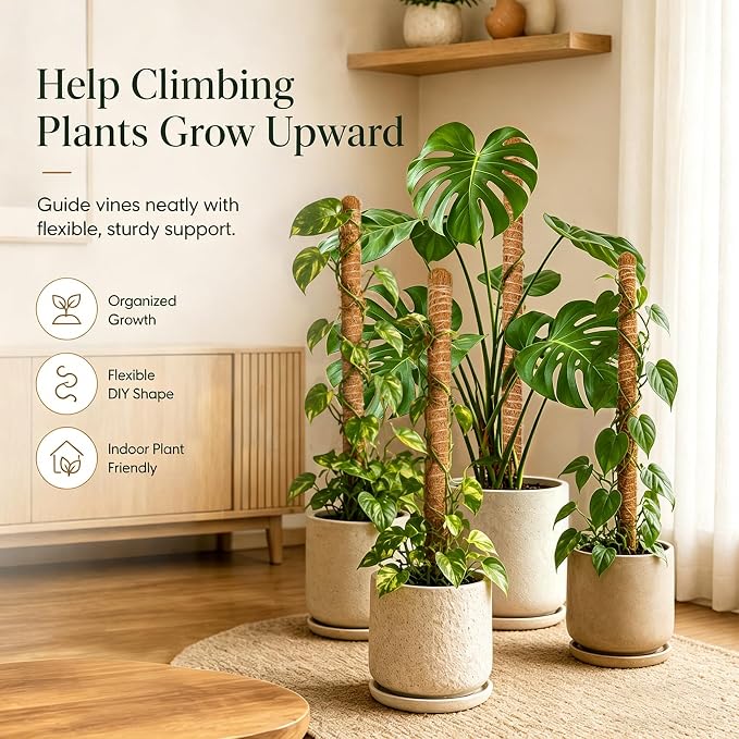 Moss Pole Monstera Plant Support, 2 Pack 28 inch Bendable Plant Support for Indoor Climbing Plants, Heavy-Duty Plant Trellis with Jute Rope & Straps