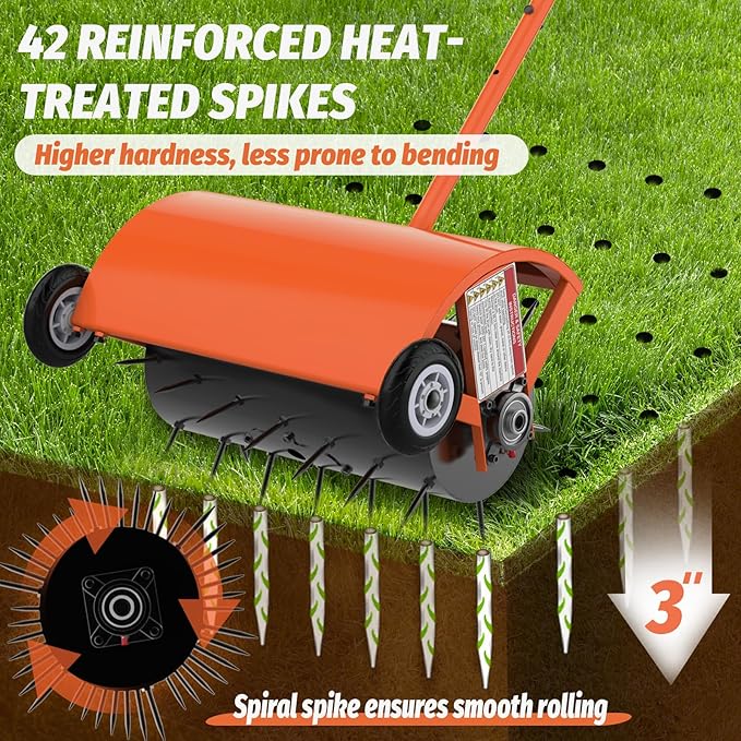 24 Inch Rolling Lawn Aerator, Heavy Duty Manual Aerator Tool, Up to 70 lbs, Push Spike Aeration Tool with 42 Spikes, Suitable for Lawns, Garden, and Yard Grass Aeration [Orange]