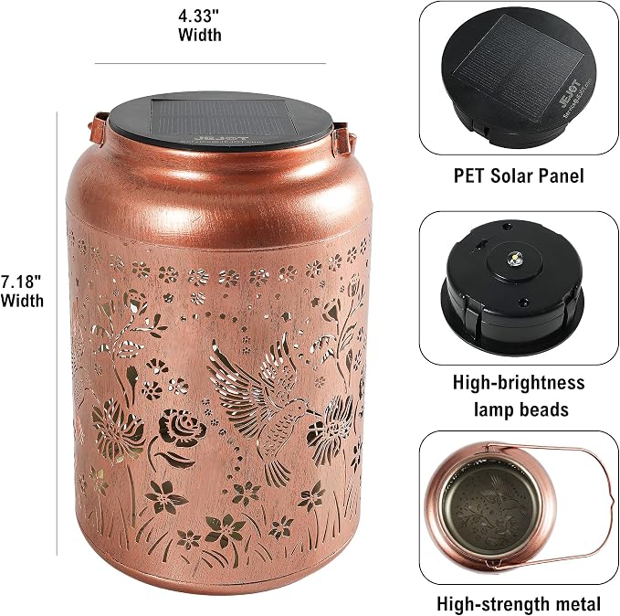 JEJOT Hummingbird Solar Lanterns Outdoor Waterproof, Mothers Day Gifts, Birthday Gifts for Women Mom Grandma,Metal Hanging Solar Lantern for Yard,Garden,Porch Landscape Deconrations-2 Pack
