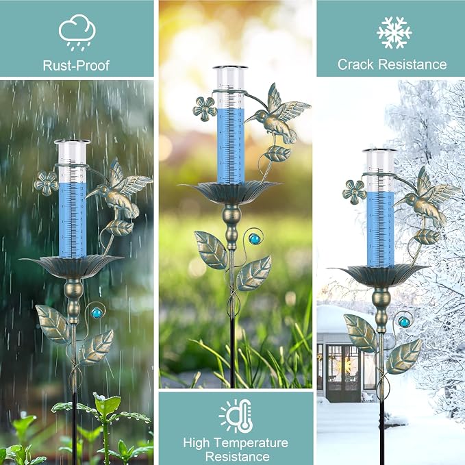 Rain Gauge Outdoor - 7" Glass Rain Gauges Tube - Hummingbird Rain Gauge Outdoor Decorative for Yard Garden, Freeze Proof Height Adjustable, Metal Water Gauge for Rain