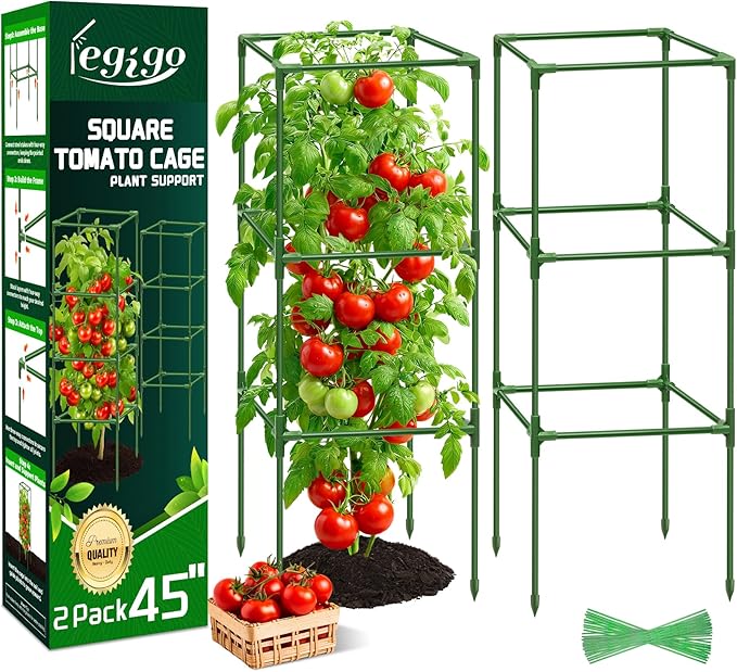 Legigo 2 Pack Square Tomato Cages- 45 Inch Heavy Duty Tomato Trellis for Climbing Plants Outdoor, Tomato Plant Support Stakes Cage Garden Trellis for Garden Raised Garden Bed Cucumbers Vegetables