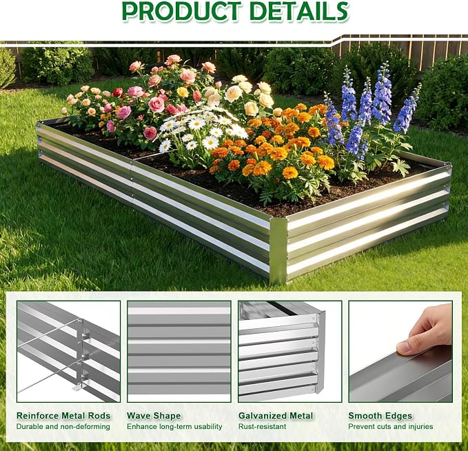 12x4x1FT Galvanized Raised Garden Bed Outdoor Patio, Large Rectangular Metal Planter Boxes,Plant Container Kit for Gardening, Vegetables, Flowers, Herbs,Silver,1 Pack