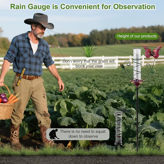 Butterfly Rain Gauge Outdoor Metal Rain Gauge Decorative with Stake Waterproof 8 Inch Rain Measure Gaugefor Yard Garden Patio Lawn