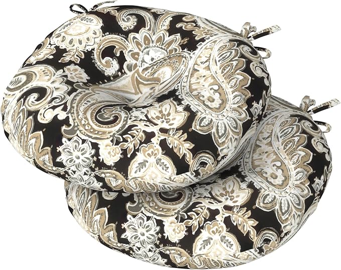 DYTXIII Set of 2 Outdoor Round Chair Cushions 15"x15"x4" with Ties, Water Repellent Tufted Bistro Seat Cushions, Thick Patio Chair Pads for Bar Stool, Garden & Dining Furniture - Paisley Black