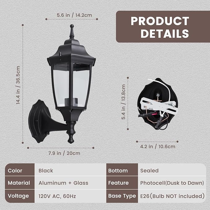 Die-Cast Aluminum & Glass Dusk to Dawn Photocell-Controlled Outdoor Wall Light, IP65 Waterproof Outdoor Light Fixture, E26 Base (60W Max) Porch Light, ETL, UL, CSA Qualified, Black