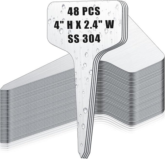 Hicarer 48 Pcs Metal Plant Labels Weatherproof Garden Markers 4" x 2.4" Engraving Stainless Steel 304 T-Type Plant Tags Reusable Nursery Tags for Outdoor Garden Greenhouse Vegetables Herb Flower Seed