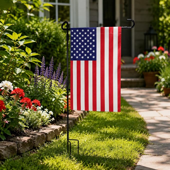 URSKYTOUS Garden Flag Stand with American Garden Flags 12×18 Inch Heavy Duty Flag Pole Holder with Clips and Stopper Small Double Sided American Flags for Outdoor Yard Patio Lawn 4th of July Decor