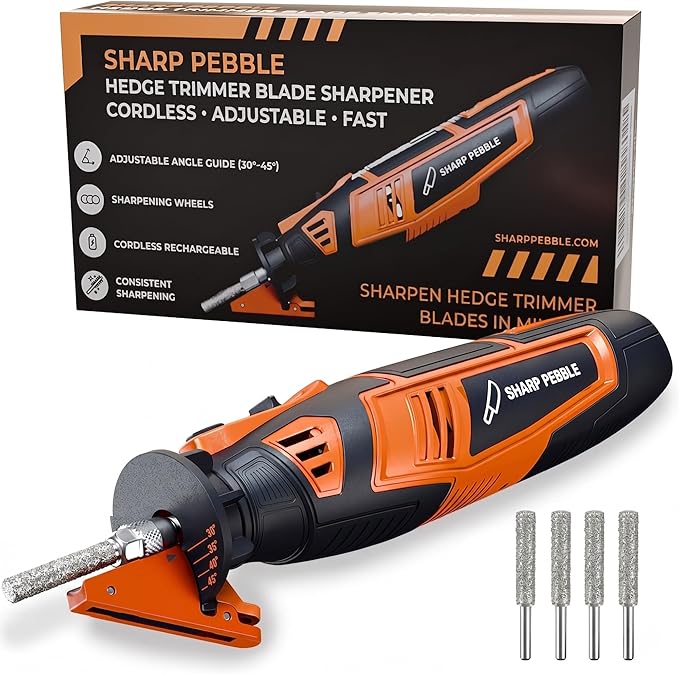 Sharp Pebble Cordless Hedge Trimmer Sharpener Kit – 4 Adjustable Angles (30°-45°) for Hedge Shears & Trimmers – Portable Diamond Bit Sharpener for Gas, Electric & Cordless Trimmers