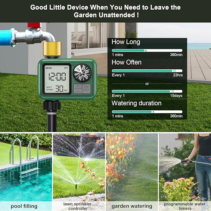 Water Timer for Outdoor Garden Hose, Sprinkler Timer for Garden Faucet with Auto/Manual/Rain Delay Mode, Sprinkler Irrigation Controller for Yard Lawn (1 Zone Brass Inlet & Outlet-2 Pack)
