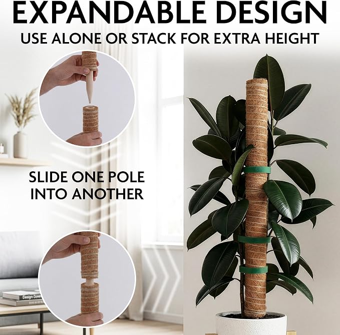 2 Pcs Moss Sticks for Indoor Plants Climbing with Coconut Fiber and Plant Tie Tape - 15.75 Inch Stackable Small Moss Pole for Monstera, Pothos, Philodendron, Money Plants & Indoor Houseplant Vines
