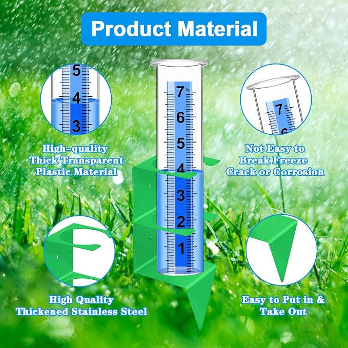 Rain Gauge Outdoor,7" Capacity Rain Gauge Outdoors Best Rated with Stainless Steel Mounting Rack Holder,Freeze Proof Plastic Large Rain Gauge for Yard Garden Fence Lawn Patio Farm (Green)