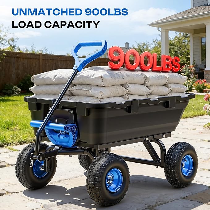 900LB Garden Dump Cart, 2026 Upgraded Heavy Duty Wheelbarrow Cart with 10" Non-Slip Pneumatic Tires & Quick-Release System, 4-Wheel Steel Frame Wagon for Transportation in Yard, Farm, Garden
