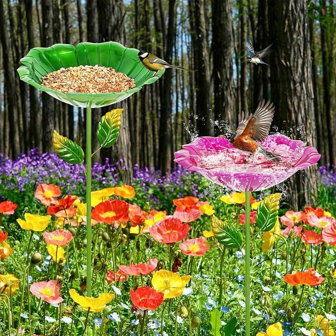 2 Pack Bird Baths for Outdoors, Colorful Metal Bird Bath for Outside, Hummingbird Bath with Five Stakes, Garden Flower Small Birdbath for Garden Decor, 31.3" H x 10.63" Dia (Red,Green)