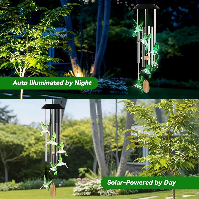 Wind Chimes for Outside, Solar Lights Outdoor Waterproof, Color Changing Hummingbird Light for Yard, Outdoor, Patio, Garden Decor, Wind Mobiles Gardening Gifts for Women, Mom, Wife, Green Hummingbird