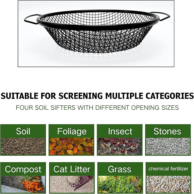 2Pcs Soil Sifter for Gardening, 3,6mm Grid Rock Sifter for 5 Gallon Bucket, Dirt Sifter, Compost Sifter for Capturing Dirt, Sand, Rocks, and Filtering Compost (Black)
