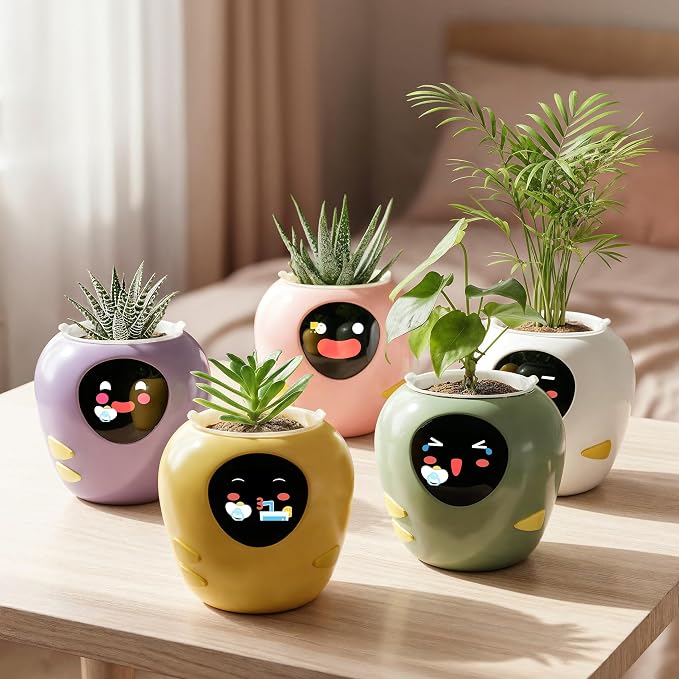 Plantbot Upgraded Large Smart Flower Pot Pet Planter Robot with Artificial Intelligence, Time Temperature Display, and Numerous Expressive Animations Based, for Indoor Decoration, Gifts (White)
