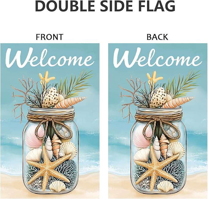 Summer Welcome Garden Flags 12x18 Double Sided Outside | Small Burlap Seasonal Tropical Farmhouse Porch Flags Yard Decorations, Outdoor Beach Pool Decor, Beach Shell Design