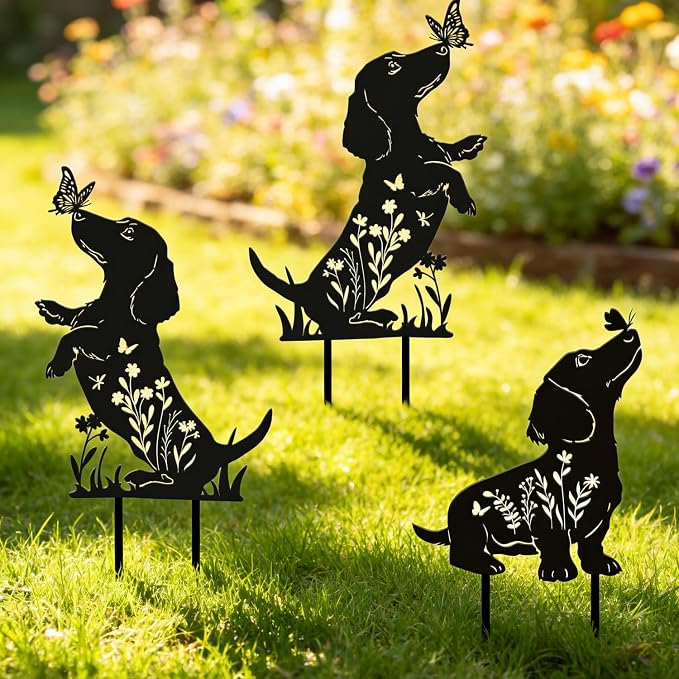 Rngmsi Dachshund Dog Metal Garden Stakes Decor, 3PCS Dog Gifts for Women Men Mom, Dachshund Black Silhouette Statues for Yard Ornaments Lawn Patio Outside Pathway Outdoor Decor