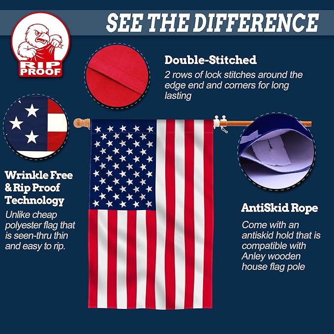 Anley Rip-Proof American US National House Flag 28 x 40 In - Double Sided 3-Ply Premium House Flag - Fade Resistant, Double Stitched & Long Lasting - United States July 4th Independence Day House Flags