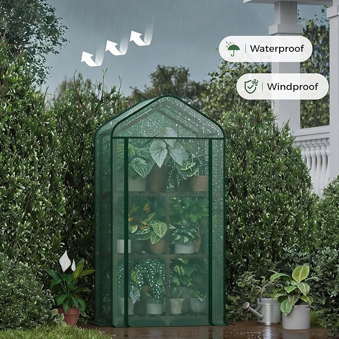 Bamworld Mini Greenhouse for Indoor Outdoor 22 x 16 x 66-Inch Small Plant Green Houses with 3-Tier Plant Shelves Portable with Green PE Cover for Garden and Backyards Ideal Gardening Gifts for Lovers