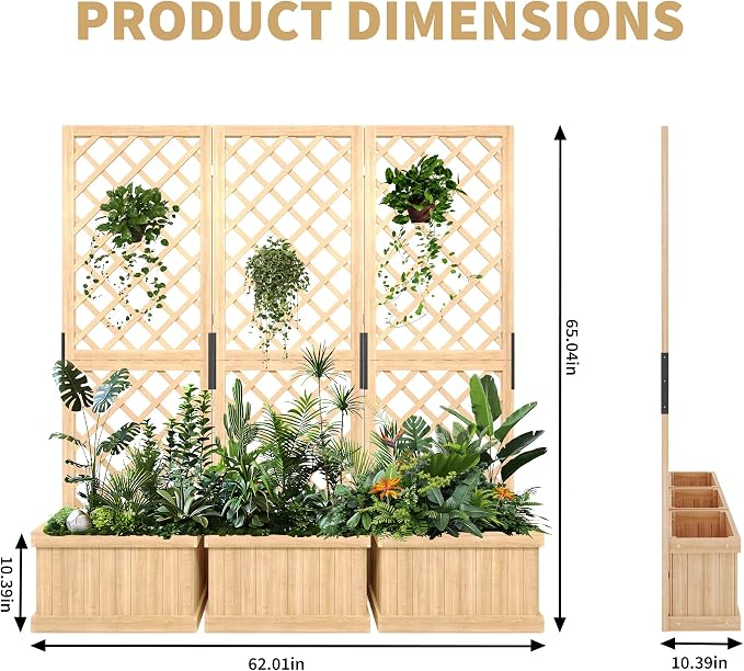 Cedar Privacy Screen with Planter Box - 3-Panel Freestanding Garden Fence, 62 in x10 in x65 in Tall Outdoor Divider with Drain Holes & Raised Bed for Patio, Deck & Backyard (Natural Wood)
