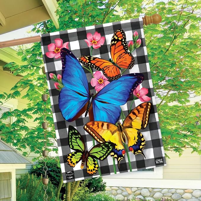 Checkered Butterflies Spring House Flag Floral 28" x 40" Briarwood Lane