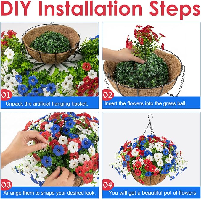Hananona 2 Set Artificial Outdoor Flowers with Hanging Basket, 2 Hanging Planters with 24 Pcs Patriotic Flowers for Summer Front Porch Patio 4th of July Decor (Red, White, Blue)