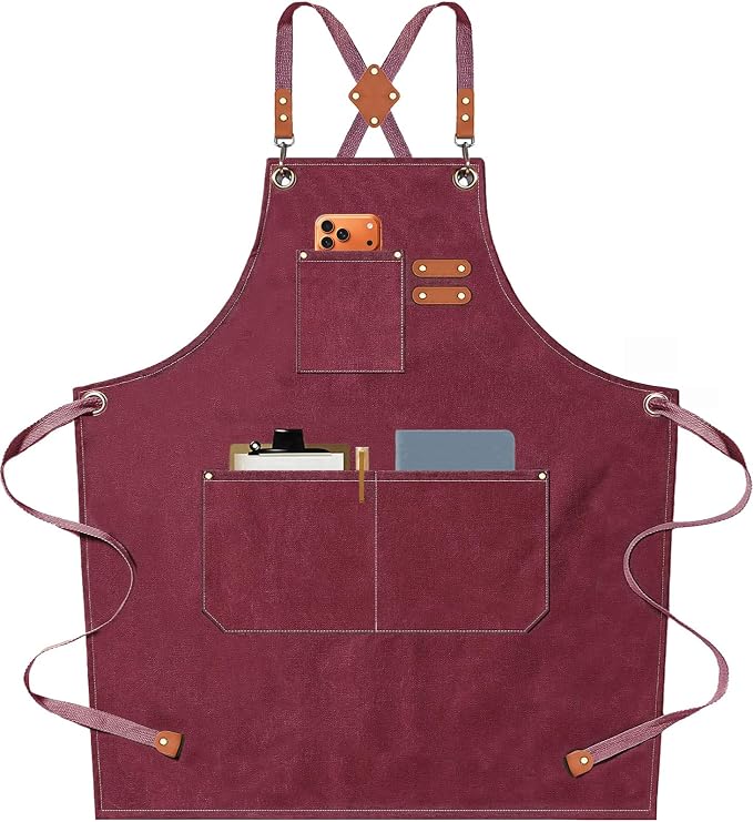 AFUN Chef Aprons for Men Women with Oversized Pockets, 16-Ounce Cotton Canvas Cross Back Heavy Duty Work Apron (Dark Red)