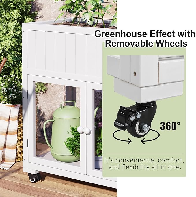 Merax Raised Garden Bed with Leg, Potting Bench with Wheels Outdoor Garden Work Bench Station Planting Solid Wood Construction for Horticulture w/Storage Cabinet, White