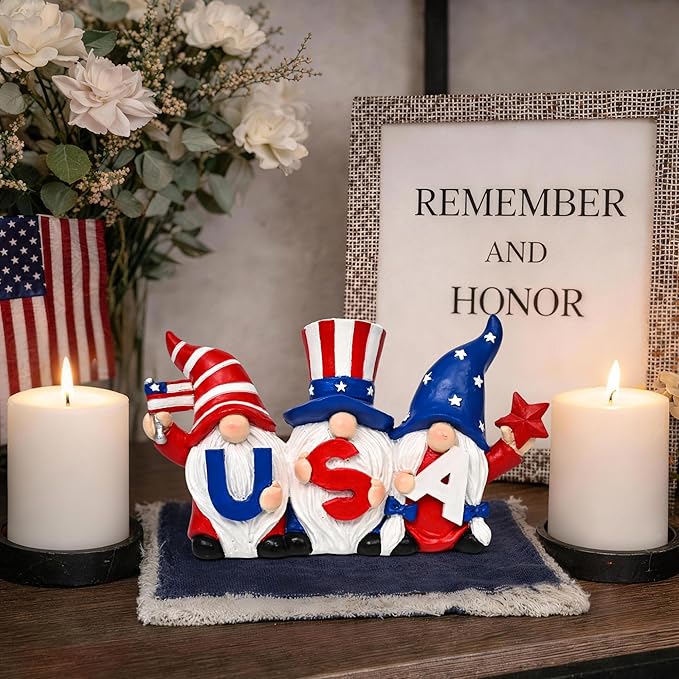TISEJOY 4th of July Decorations Outdoor Gnomes for Memorial Day Decorations 4“, Garden Gnomes Statues, Patriotic Decorations for Home Decor, Stars and Stripes Gnomes Figurines for Living Room Garden