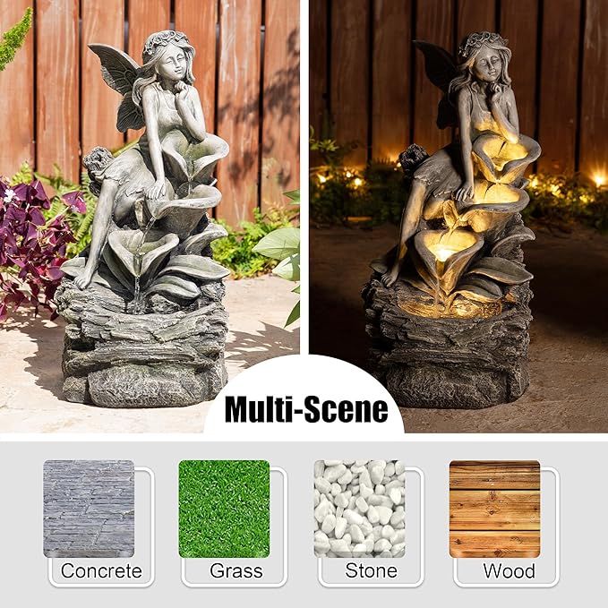 Glitzhome Water Fountain Outdoor, Outdoor Fountain with Lights & Pump, 22.75" H 4-Tiered Concrete Fairy Polyresin Cascading Waterfall Floor Standing Water Feature for Garden, Patio, Yard, Deck
