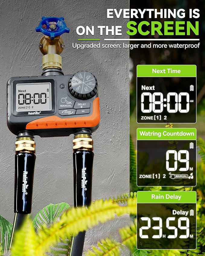 RAINPOINT 2 Zone Sprinkler Timer with Brass Inlet and Outlet - Water Timer for Garden Hose with Rain Delay/Manual Watering/Automatic Irrigation Controller for Yard(Orange)