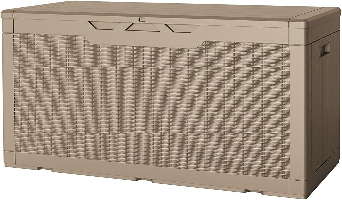 JUMMICO 100 Gallon Resin Deck Box, Waterproof Outdoor Storage Box with Lockable Lid for Garden Tools, Patio Cushions (Light Brown)