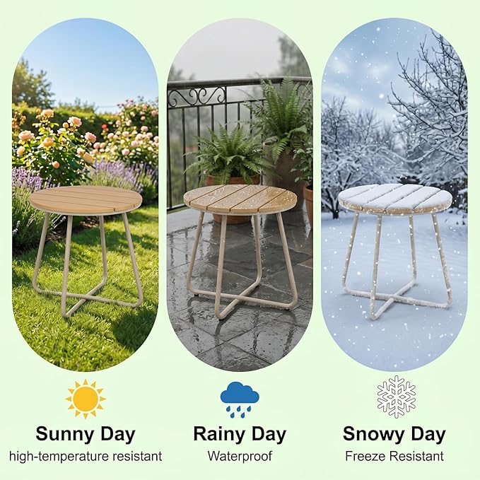 danpinera Outdoor Side Tables, HDPS Patio Table with Metal Legs, 18 Inch Outdoor Small Round Table for Garden, Backyard, Porch, Deck, Balcony, Poolside, Natural