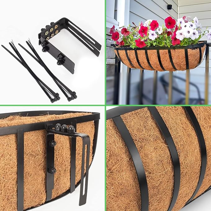 LCHUANG Railing Planter Window Box - 2 Pack 30 Inch Deck Balcony Rail Planter with Coconut Coir Liner, Fence Metal Hanging Flower Planter Basket Deck Railing Planter Boxes for Outdoor Garden