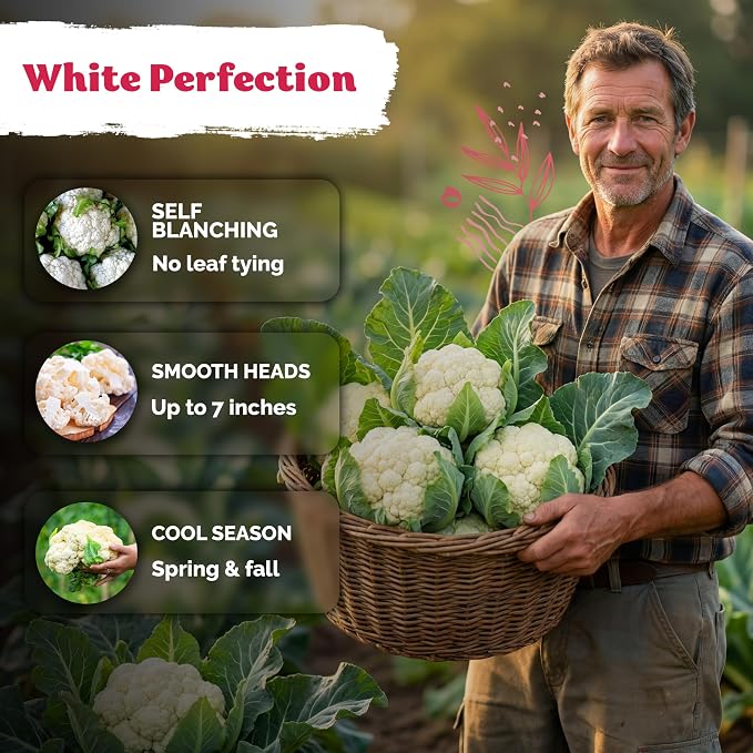 KVITER 500 Snowball Y Improved Cauliflower Seeds (Brassica Oleracea) - Cauliflowers, Smooth White Heads and Curds, Heirloom Seed, Non-GMO Seed Packets – Vegetable Seeds for Outdoor Vegetable Garden