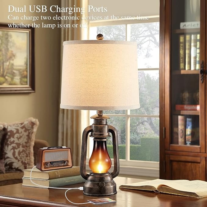 Farmhouse Lantern Table Lamps for Living Room Set of 2 with USB C+A | Vintage Bedroom Resin Lamp, Rustic Retro Bedside Nightstand Desk Lamp, 4 Bulb Included