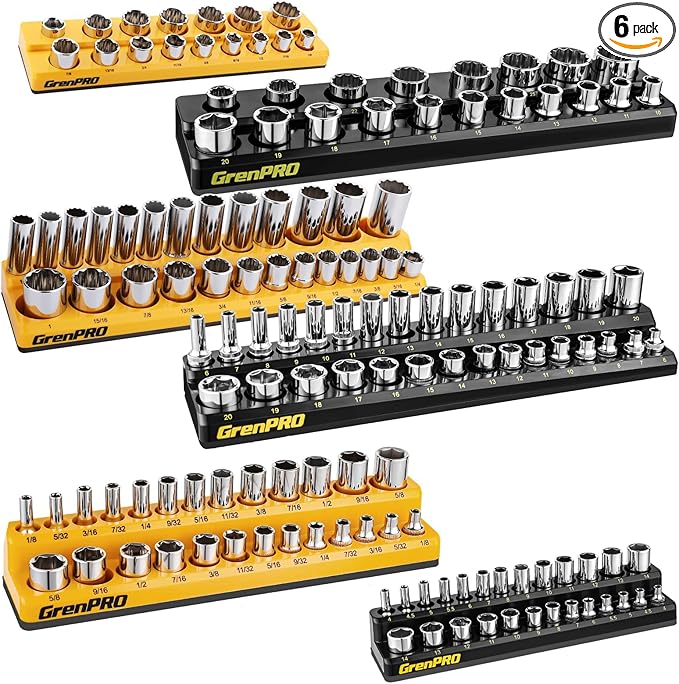 GRENPRO Socket Organizer for Tool Box Drawer, 6pc 143 Metric & SAE Magnetic Socket Holder, 1/4", 3/8", 1/2" Drive Socket Tray Set, Magnetic Socket Organizer