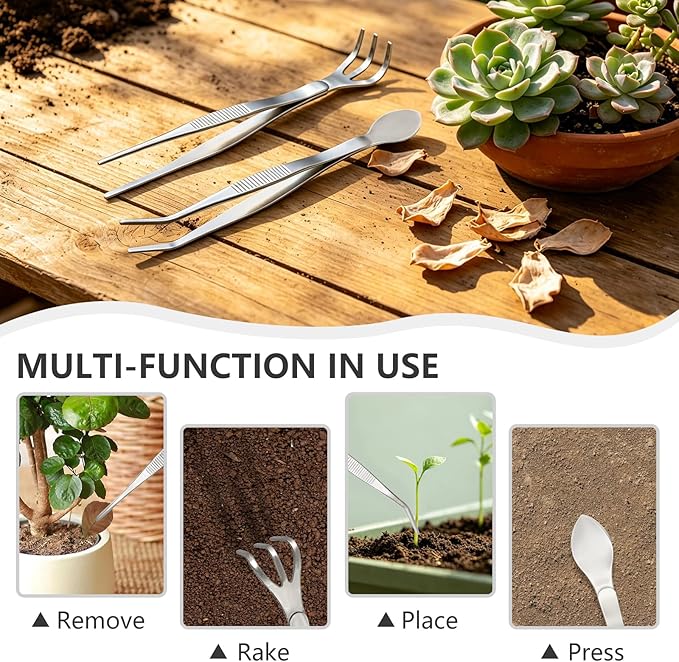 2 PCS Stainless Steel Garden Tweezers Set 2-in-1 Long Plant Tweezers Gardening Tools with 8.9" Curved Tine & 8.7" Straight Rake for Plants, Lawn, Bonsai, Succulents