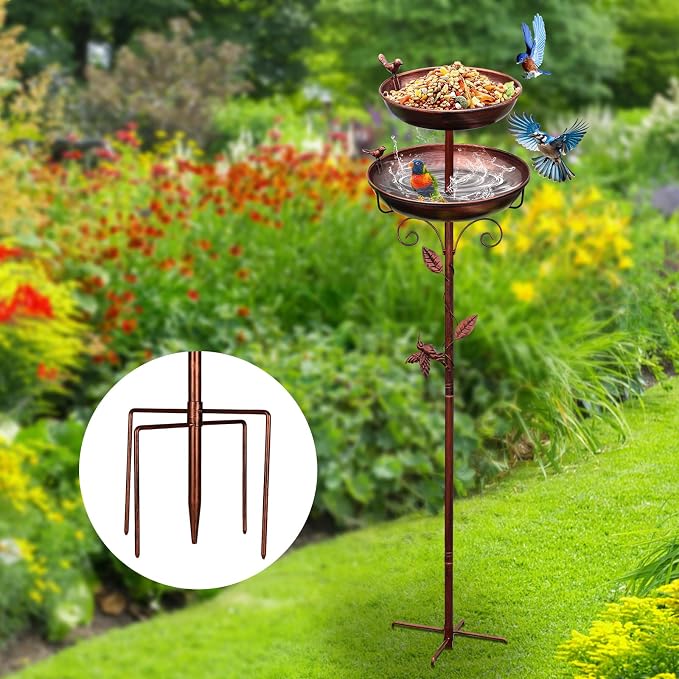 Bird Bath for Outside, 2-in-1 Birdfeeder and Bath, 42 Inch Tall Stand with Hummingbird, Large 12Inch & Small 7.9Inch BirdBaths Bowl, 3 Bird Decor for Garden, Antique Bronze