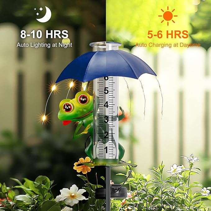 shumi Rain Gauge Outdoor, Solar Frog Rain Gauges with LED Lights ard Decor, Garden Statues Frog Gifts for Women, Yard Art Ornament for Yard Patio Garden Decor, Gardening Gifts for Women