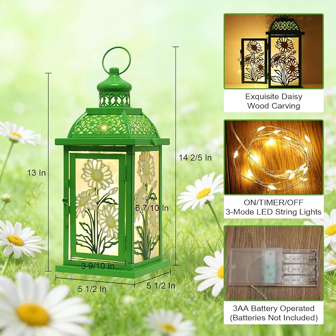 Spring Decorations for Home, 14.4" Decorative Daisy Green Lantern with 61" LED Lights(No Battery) for Home Indoor Outdoor Decor, Hanging Metal Candle Holders for Spring St.Patrick’s Day Gift