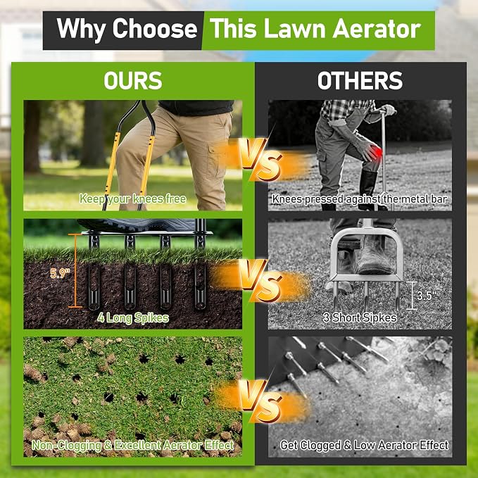 Knee-Friendly Manual Lawn Aerator Tool, 42.6-45 Inch Adjustable Height Core Aerator for Grass, Pre-Assembled Yard Aeration Tool with 4 Hollow Tines for Lawn Care and Compacted Soil
