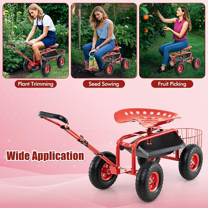 Goplus Rolling Garden Cart with Seat, Outdoor Garden Stool with Wheels, Tool Tray & Basket, Adjustable Steering Handle, 360 Degree Swivel Seat for Planting, Gardening Scooter for Lawn, Yard, Patio