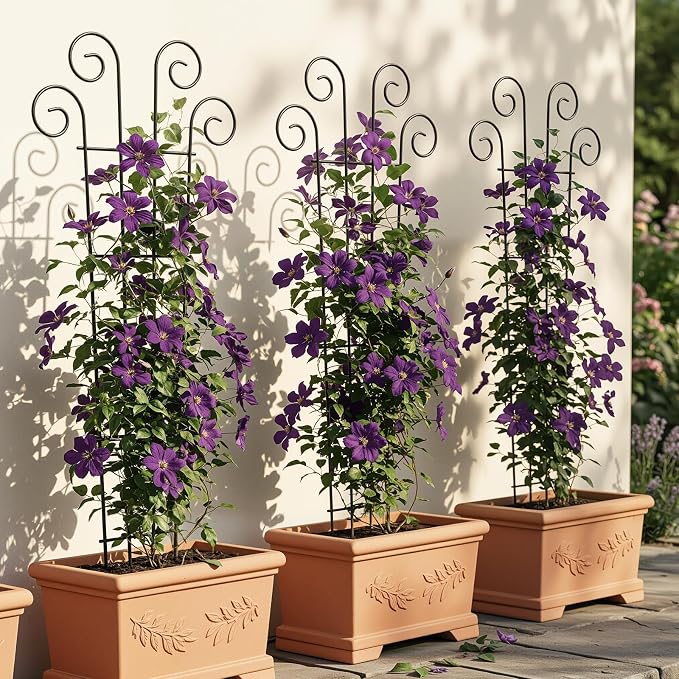 Thealyn 4 Pack 56 Inch Plant Trellis for Potted Plants, Metal Garden Trellis for Climbing Plants, Indoor Outdoor Decorative Vine Support for Pots, Wave Shape, Black