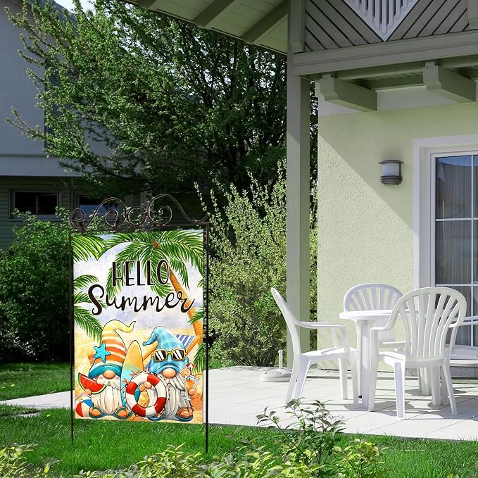 Hello Summer House Flags for Outdoor Decoration, Cartoon Gnomes at The Beach Large Yard Flag, Seasonal Decorative Celebration Decor for Spring Farmhouse Holiday Outside 28x40 Inch Vertical Double Sided